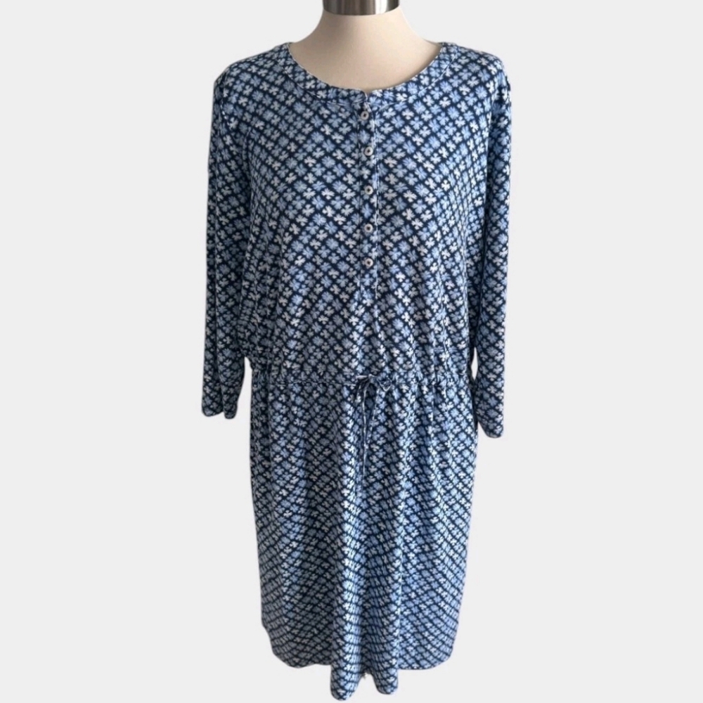 Lands End Womens blue geometric long sleeve tie dress casual travel summer Large